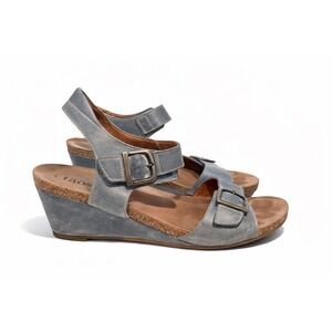 Taos Blue Leather Wedge Sandals Buckle Comfort Cork‎ Sole EU 41 US 10-10.5